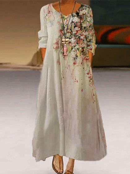 Flower Print Fashion Round Neck Long Sleeve Casual Maxi Dress