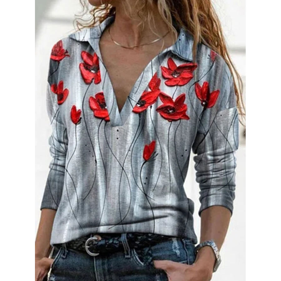 

Lapel Long Sleeve Floral Print Casual T-shirt