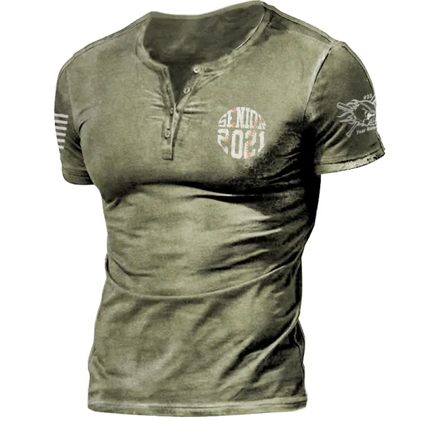 Mens Fashion Retro Army Green Baseball Print T-shirt - Nikiluwa.com 