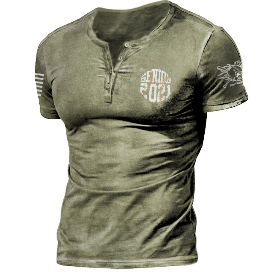 

Mens Fashion Retro Army Green Baseball Print T-shirt