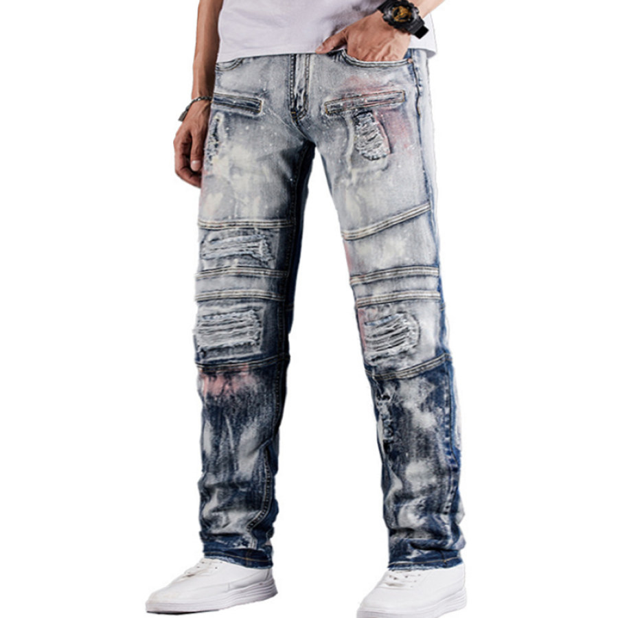 

Men's retro embroidered motorcycle denim pants
