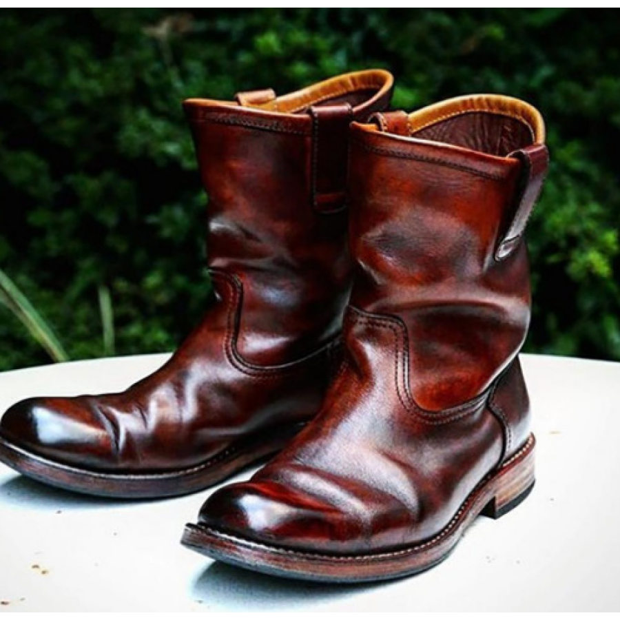 Western vintage square head soft leather boots