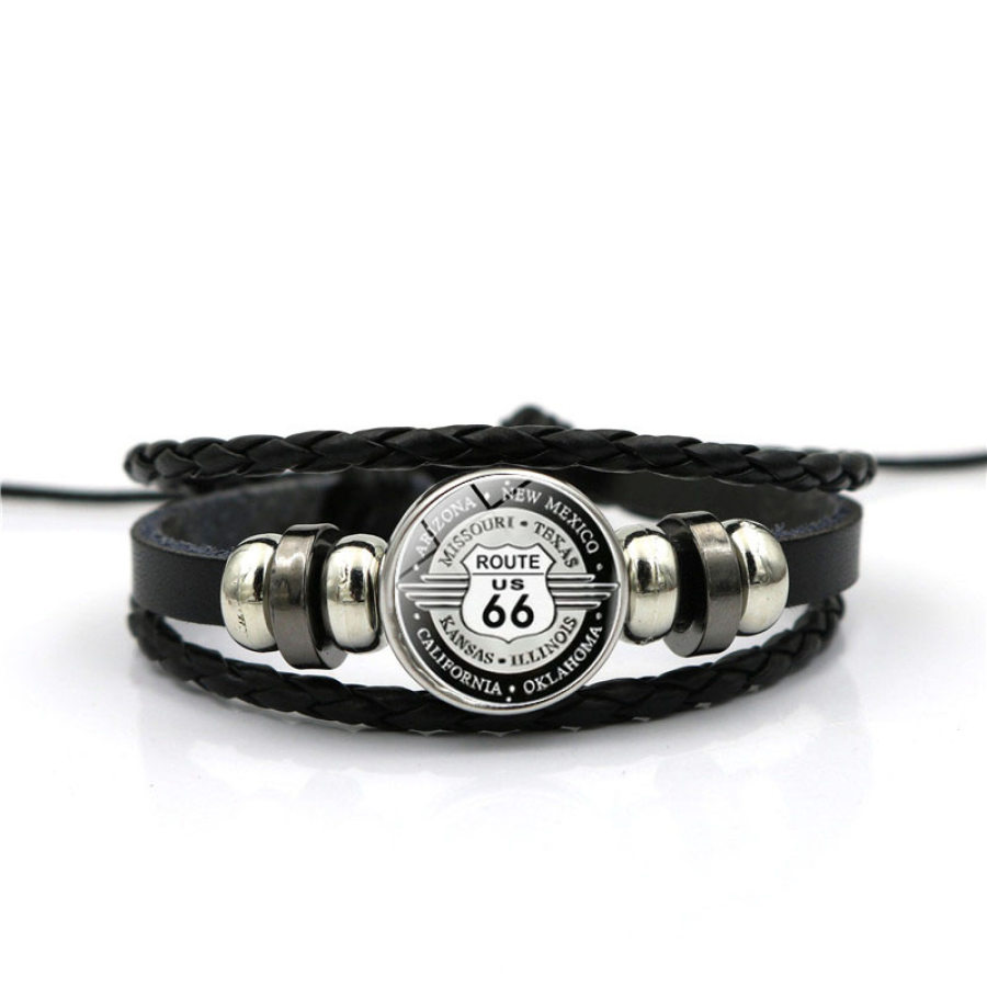 

US Route 66 Time Gem Bracelet Black Beaded Leather Bracelet