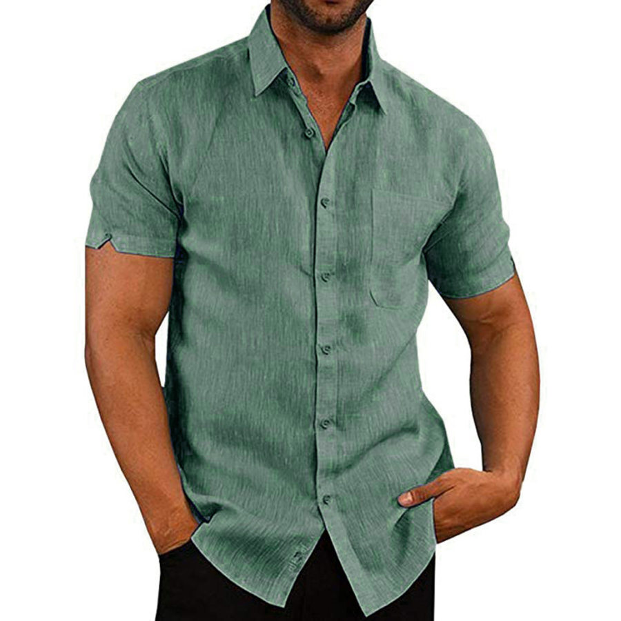 

Men's casual pocket lapel solid color short-sleeved shirt