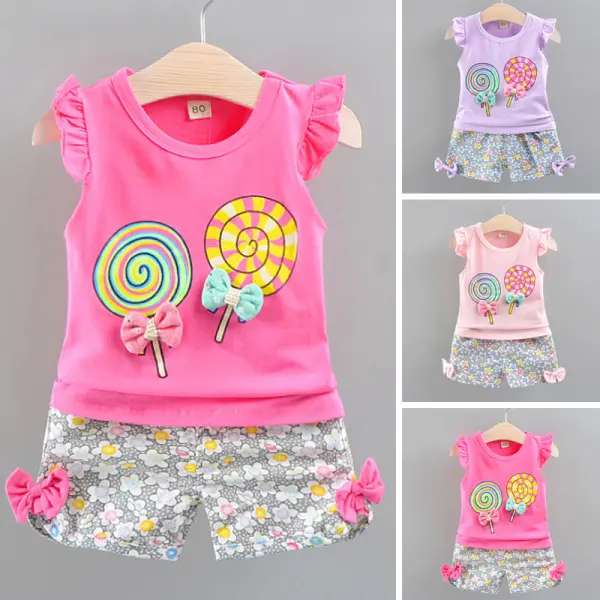 【12M-5Y】Cute Cartoon Print Sleeveless T-shirt and Floral Shorts Sets - Popopiestyle.com 