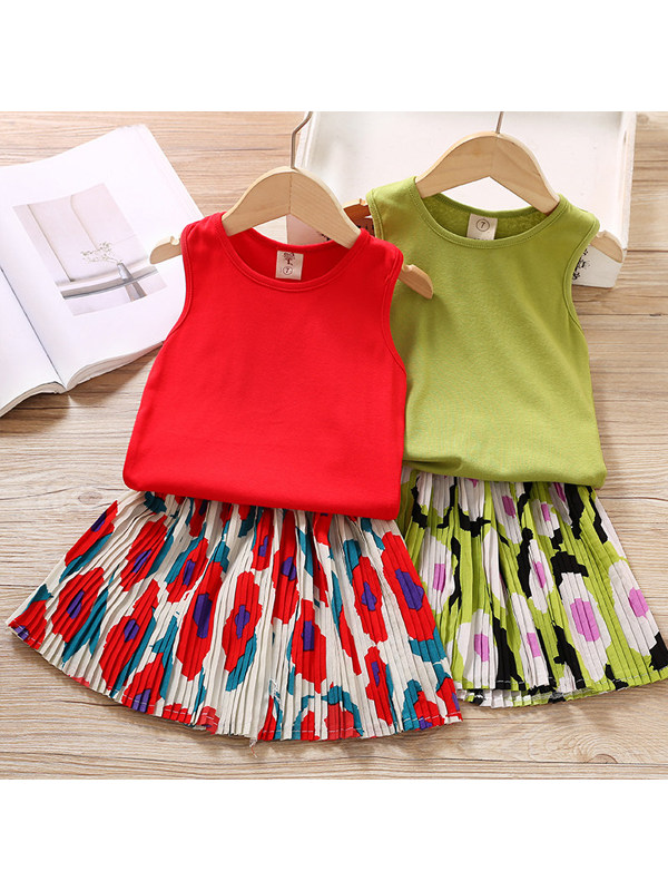 【18M-7Y】Sweet Round Neck Sleeveless Top and Floral Skirt Set