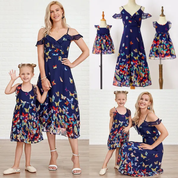 Sweet Dark Blue Butterfly Print Mom Girl Baby Matching Dress - Popopieshop.com 
