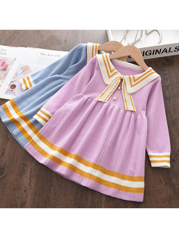 【18M-7Y】Girls Lapel College Style Knitted Sweater Long-sleeved Dress