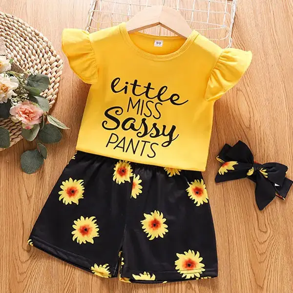 【18M-7Y】Children Clothes Girls 3-piece Round Neck Short Sleeves Letter Print T-shirt and Daisy Print Shorts Set with Headband - 34184 Only $15.99 - Popopieshop.com 