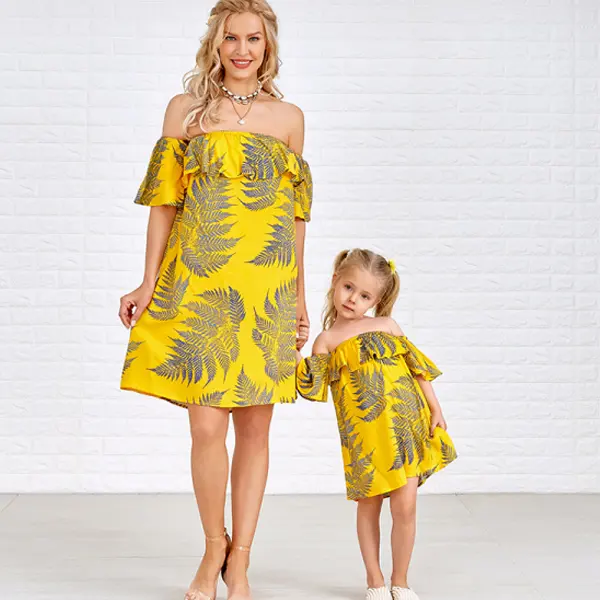 Round Neck Off-Shoulder Leaf Print Mom Girl Matching Dress - Popopiestyle.com 