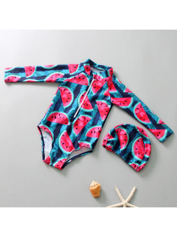 【18M-5Y】Girls Sunscreen Long-sleeved Cartoon Watermelon Swimsuit
