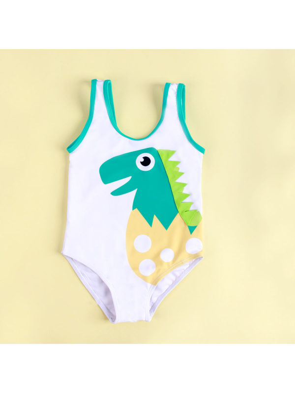【12M-5Y】Girls Sweet White Dinosaur Pattern One-piece Swimsuit With Hat