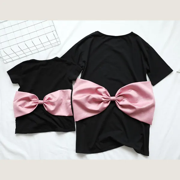 Casual Crew Neck Short Sleeve Bow Mom Girl Matching T-shirt - Popopiestyle.com 