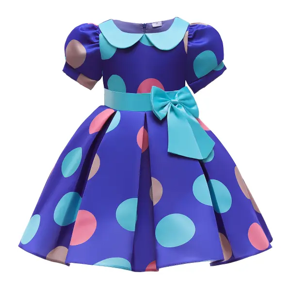 【2Y-10Y】Girls Sweet Blue Polka Dot Lapel Puff Sleeve Princess Dress - Popopiestyle.com 