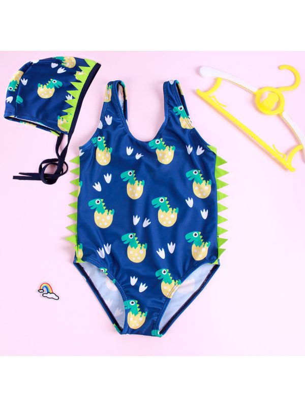 【12M-5Y】Girls Sweet Navy Blue Dinosaur Pattern One-piece Swimsuit With Hat
