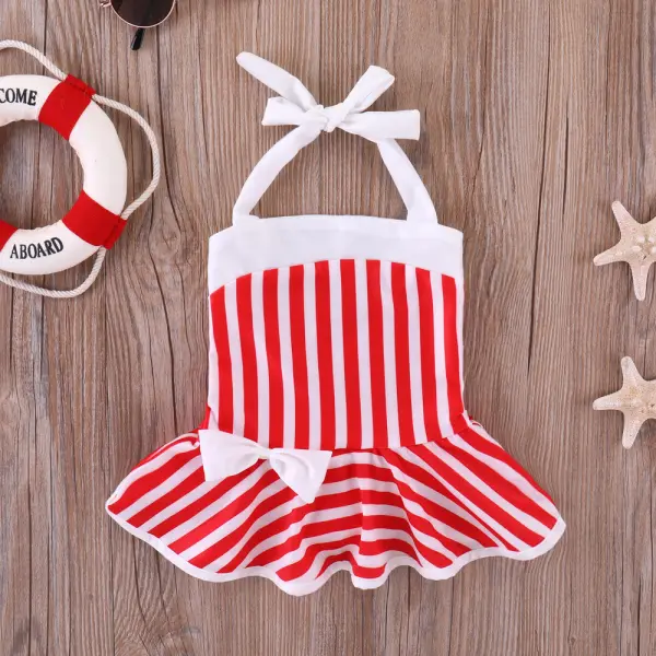 【3M-3Y】Girls Red And White Striped Bow One-piece Swimsuit - Popopiestyle.com 