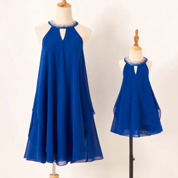 Sequined Halter Blue Mom Girl Matching Dress - Popopiearab.com 