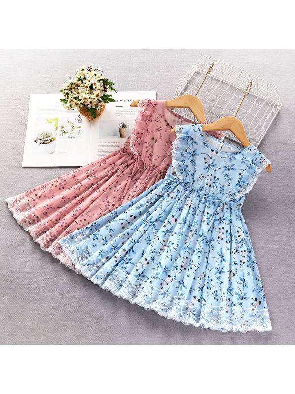 【18M-7Y】Girls Sweet Lace Dragonfly Full Print Sleeveless Dress - 3376