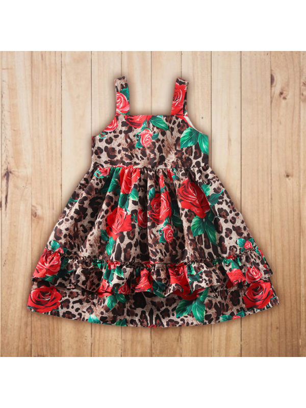 【18M-7Y】Girls Fashion Retro Leopard Print Rose Flower Cimisole Dress