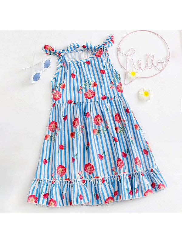 【18M-7Y】Sweet Flowers And Stripes Print Blue Ruffled Sling Dress