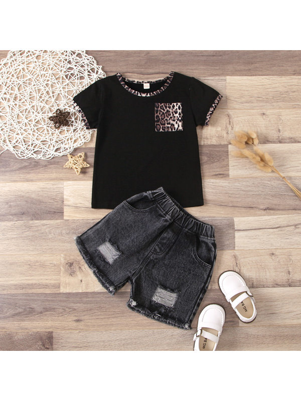 【18M-7Y】Girls Round Neck Leopard Print Color Matching Short-sleeved T-shirt Hole Open Pocket Denim Shorts Suit