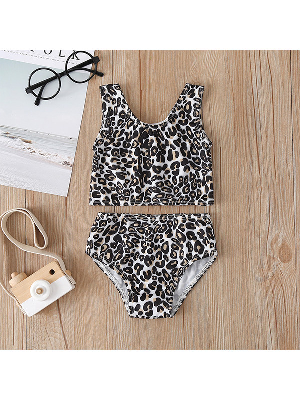 【12M-5Y】Girls Leopard Print Tank Top Split Swimsuit