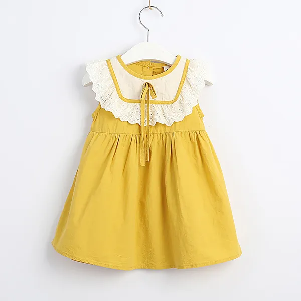 【12M-5Y】Girls Cotton Round Neck Sleeveless Contrast Bow Lace Dress - Popopiestyle.com 