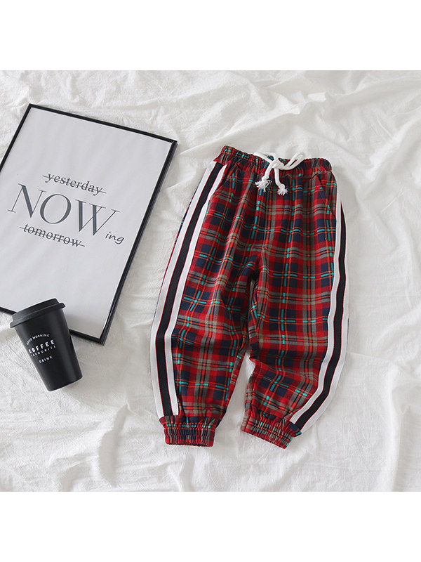 【12M-5Y】Girls Red Plaid Harem Side Striped Trousers
