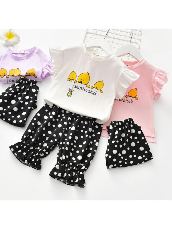 【18M-7Y】Girls Sweet Cartoon Pattern Short Sleeve T-shirt Polka Dot Pants Set