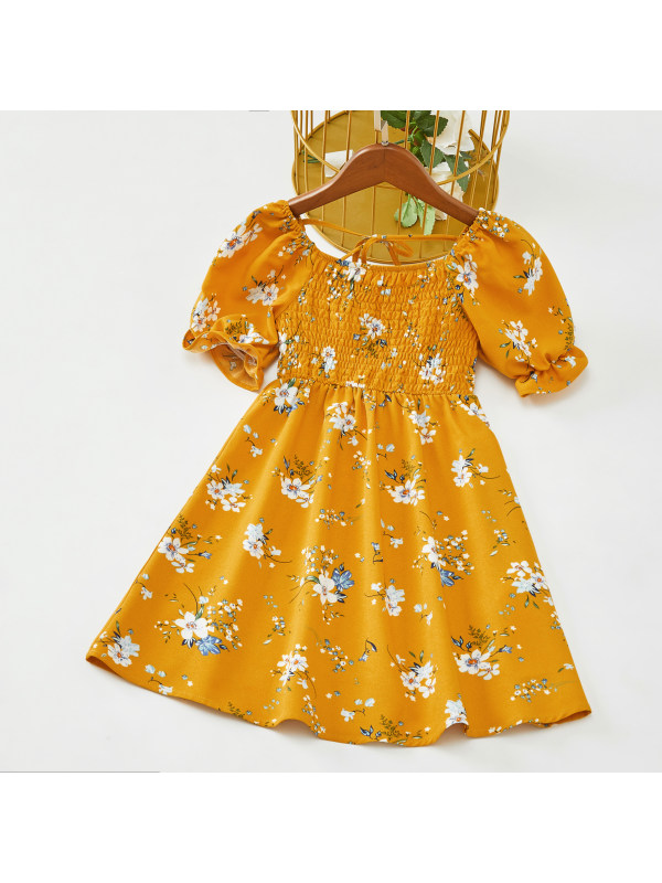 【18M-7Y】Sweet Flower Print Square Neck Puff Sleeve Yellow Dress
