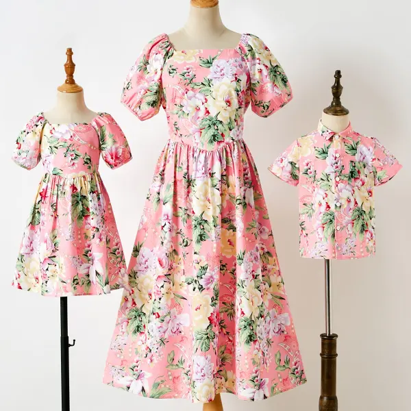 Flower Printed Puff Sleeve Pink Dress and Shirt Family Matching Outfits - Popopiestyle.com 