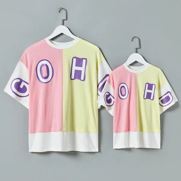 Round Neck Short Sleeve Stiching Color Mom Girl Matching T-shirt - Popopiestyle.com 