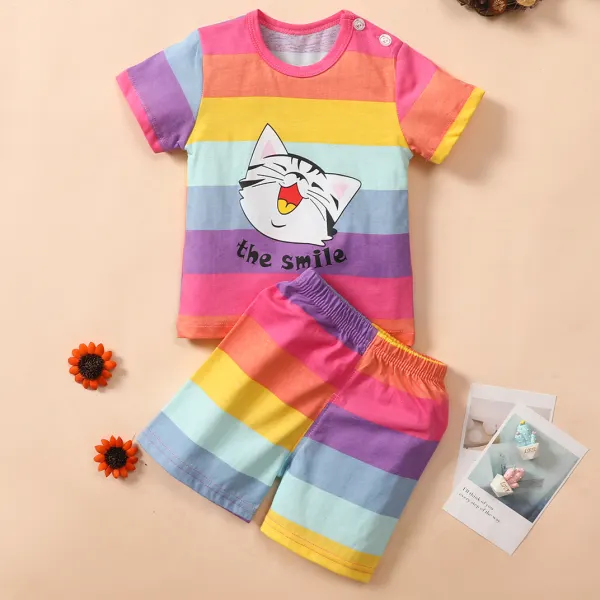 【9M-4Y】Cute Cartoon Printed Colorful Striped T-shirt Set - Popopiestyle.com 