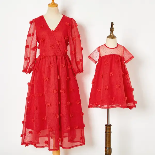 Sweet Red Chiffon Jacquard Short Sleeve Mom Girl Matching Dress - Popopiearab.com 