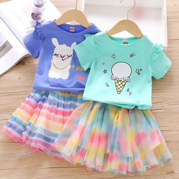 【18M-7Y】Cute Cartoon Printed T-shirt and Striped Mesh Skirt Set - Popopiestyle.com 