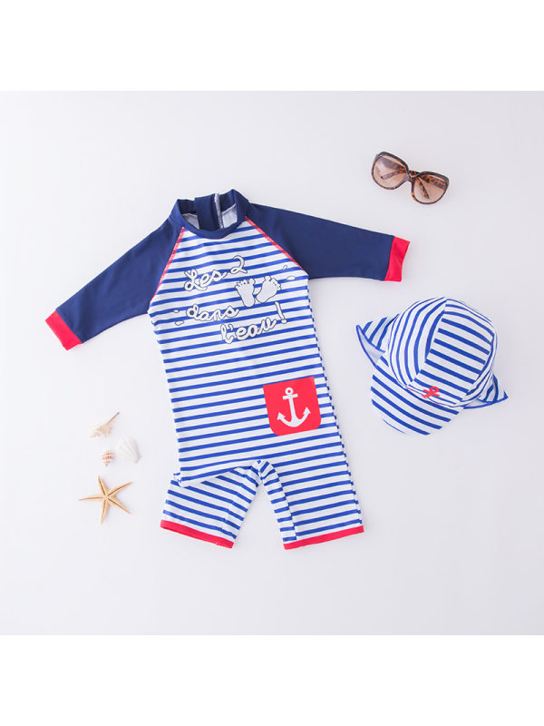 【18M-7Y】Boys Striped One-piece Swimsuit With Cap