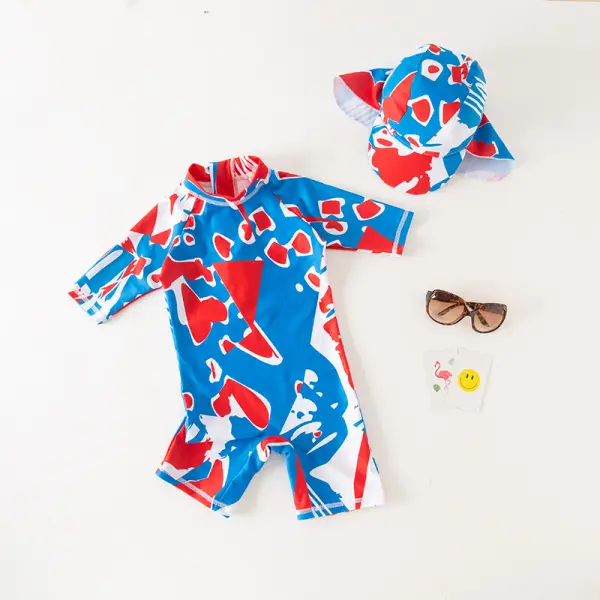 【18M-7Y】Blue Graffiti Print Hooded One-piece Swimsuit - Popopiestyle.com 