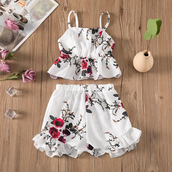 【18M-7Y】Girls Shoulders Floral Print Suspenders With Shorts Suit - Popopiestyle.com 