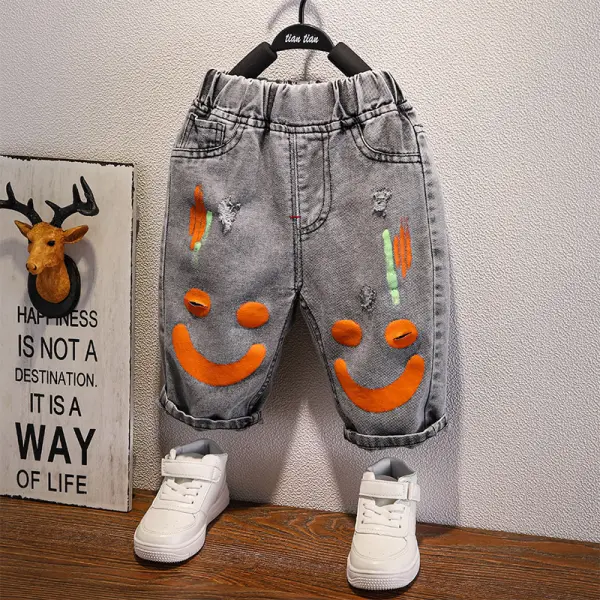 【18M-9Y】Boys Denim Cartoon Print Cropped Trousers - Popopiestyle.com 