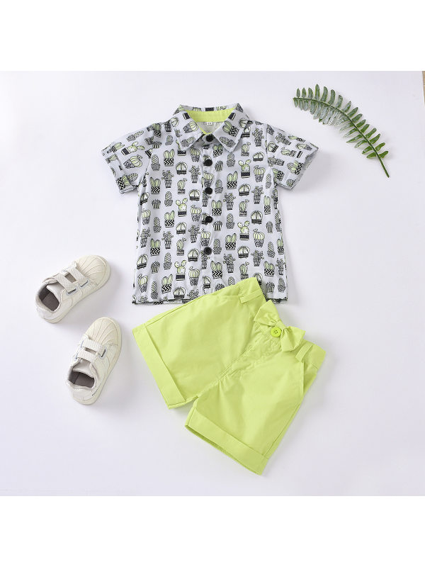 【18M-7Y】Boys Short Sleeve Cactus Shirt Fluorescent Green Shorts Two-piece Suit