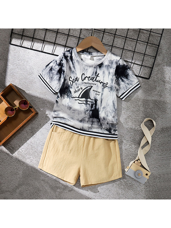 【18M-7Y】Boys Round Neck Short-sleeved Tie-dye Top with Solid Color Shorts Suit