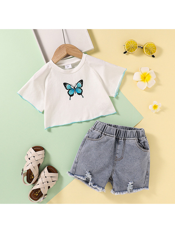 【18M-7Y】Girls Round Neck Short-sleeved Butterfly Print T-shirt with Denim Shorts Suit