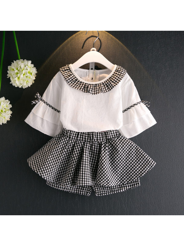 【18M-7Y】Girls Lace Collar Flared Sleeve Top Plaid Culottes Suit