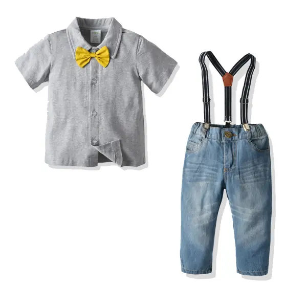 Boys Short-sleeved Polo Shirt Denim Bib Two-piece Suit - Popopiestyle.com 