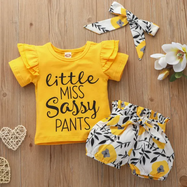 【0M-18M】Cute Letter Printed Yellow T-shirt and Floral Shorts Set - Popopiearab.com 