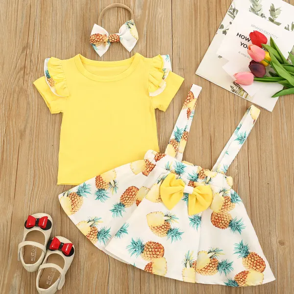 Sweet Yellow T-shirt And Fruit Print Skirt Suit - Popopiestyle.com 