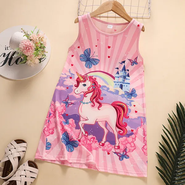 【4Y-9Y】Cute Cartoon Unicorn Print Round Neck Vest Dress - Popopiestyle.com 