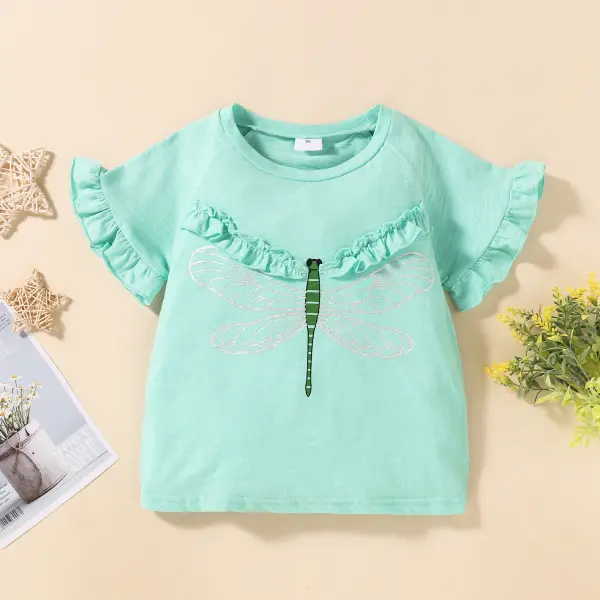 【18M-7Y】Girls Simple Casual Dragonfly Print Short-sleeved T-shirt - Popopiestyle.com 