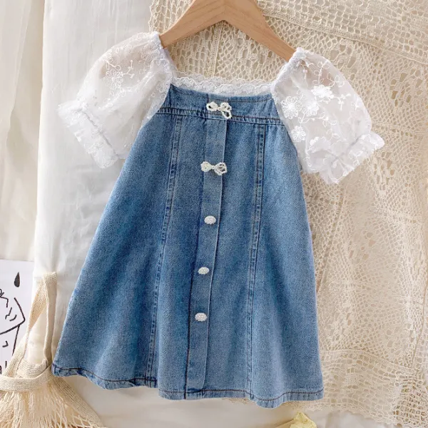 【18M-9Y】Sweet Lace Sleeves Light Blue Denim Dress - Popopiestyle.com 