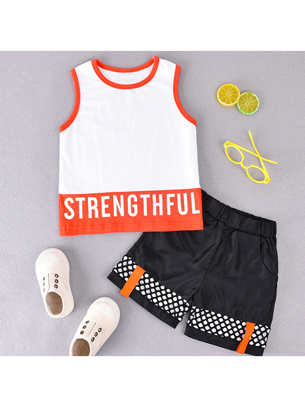 【18M-7Y】Boy's Two-piece Suit Of Contrast Color Stitching And Letter Print Tank Top And Shorts